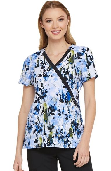 Clearance Fashion Prints by Women's Mock Wrap Abstract Print Scrub Top, , large