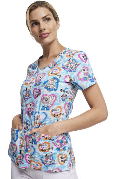Clearance Women's Hippie Hounds Print Scrub Top, , large