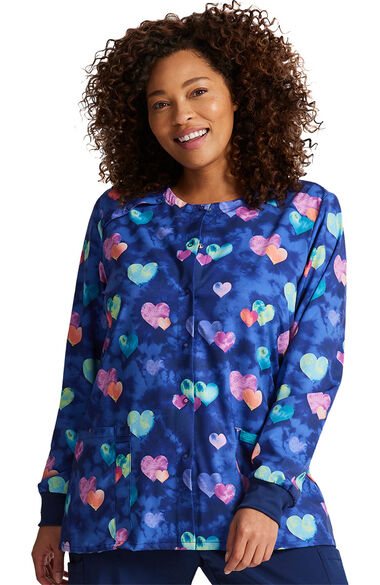 Clearance Women's Snap Front Hippie Hearts Print Scrub Jacket, , large