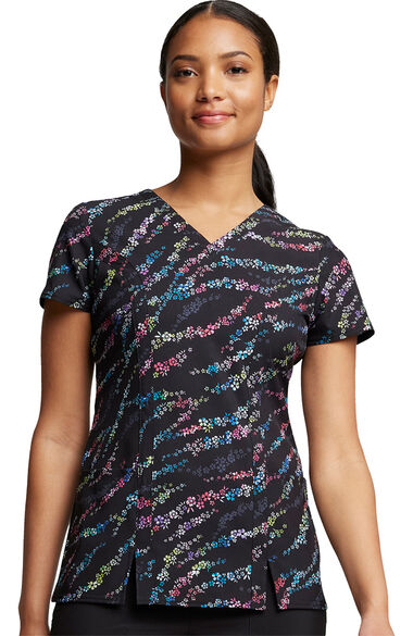 Clearance Women's V-Neck Blooming Wild Print Scrub Top, , large