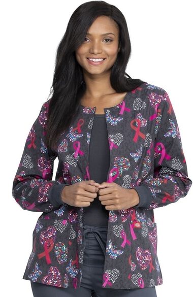 Clearance Women's Snap Front Speck-Tacular Love Print Scrub Jacket, , large