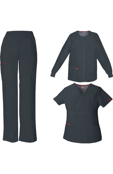 Women's 3-Piece Scrub Set: Mock Wrap Top, Tapered Leg Pant & Jacket, , large