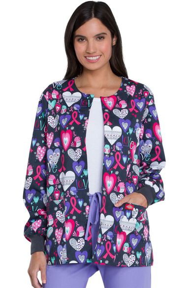 Clearance Women's Snap Front Heart Print Scrub Jacket, , large