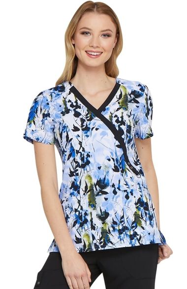 Clearance Fashion Prints by Women's Mock Wrap Abstract Print Scrub Top, , large