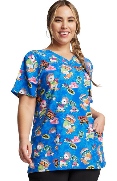 Clearance Women's V-Neck Livin' On The Hedge Print Scrub Top, , large