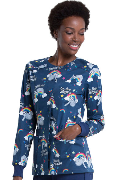 Clearance Women's Snap Front Slow Magical Print Scrub Jacket, , large