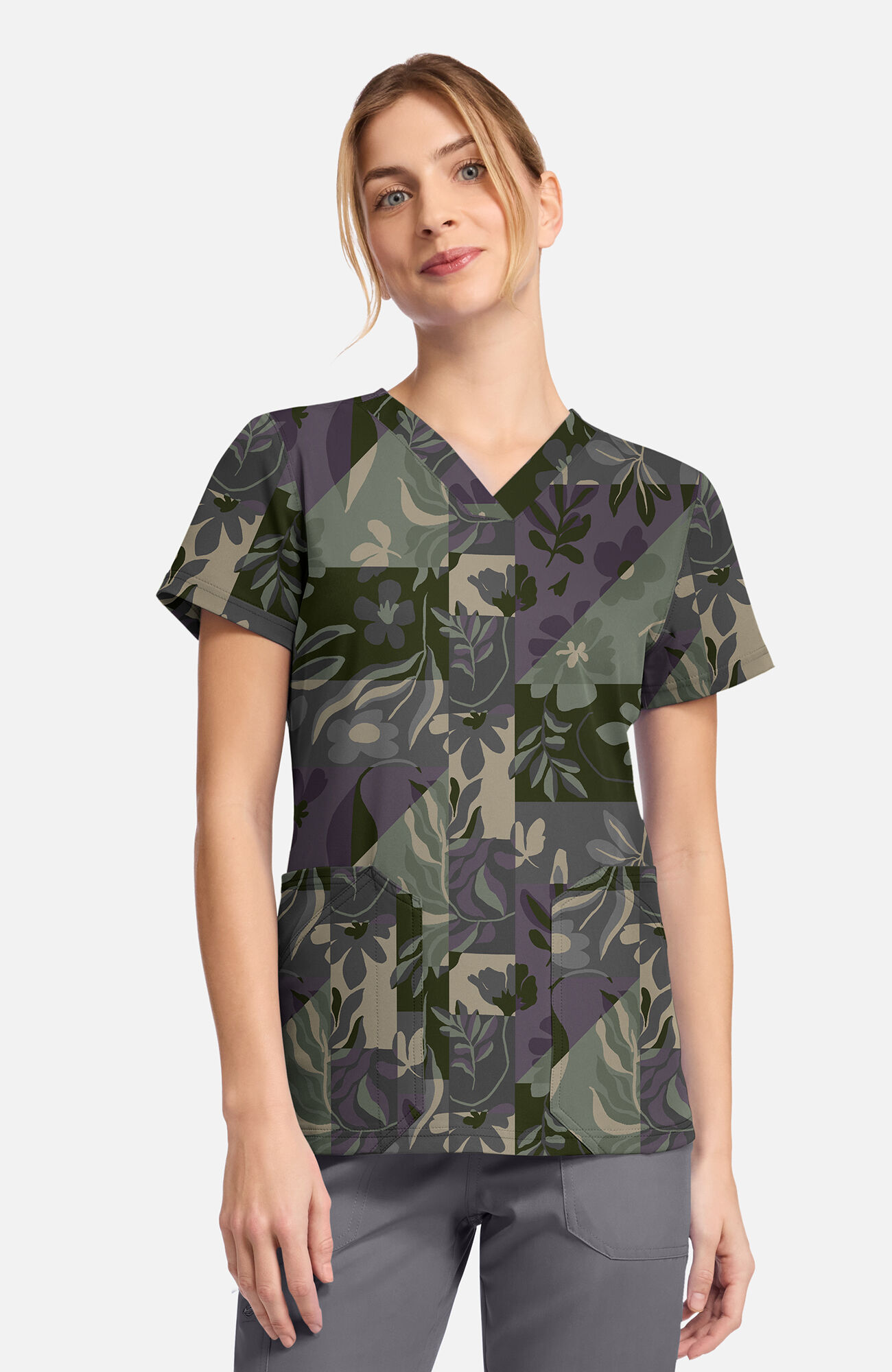 Women's Floral Geo Print Scrub Top, , large