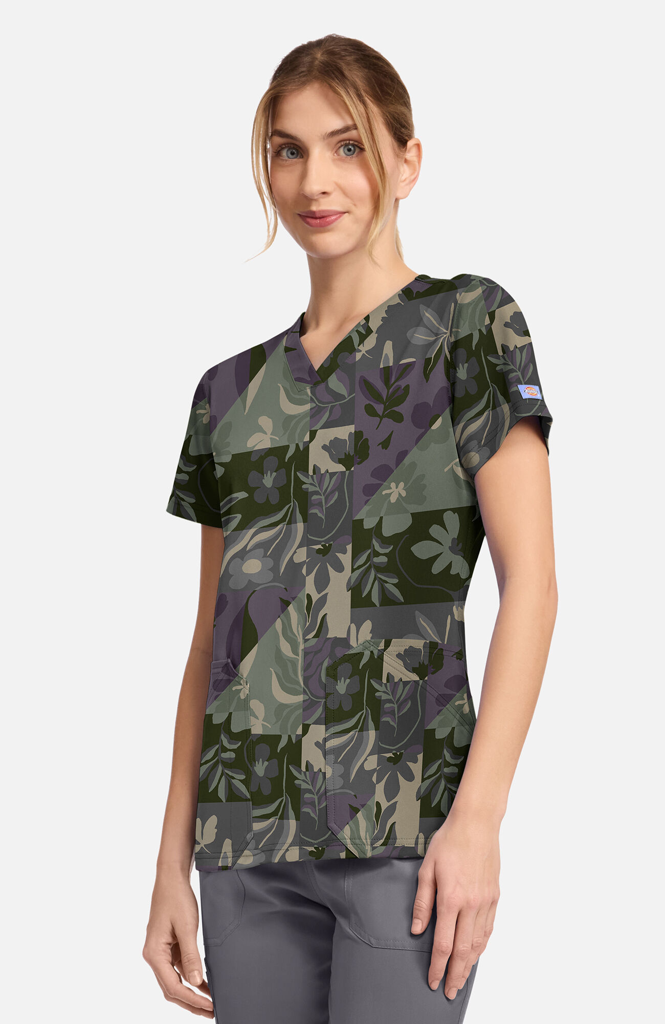 Women's Floral Geo Print Scrub Top, , large