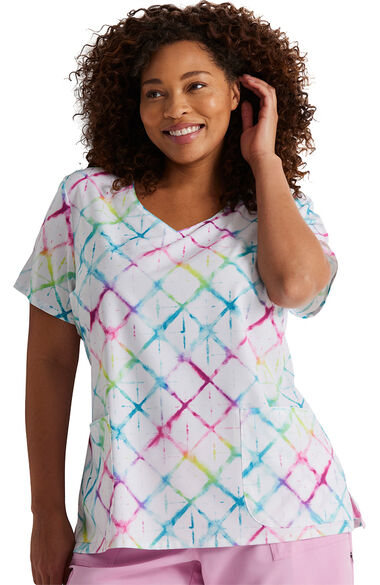 Clearance Women's Groovy Grid Print Scrub Top, , large