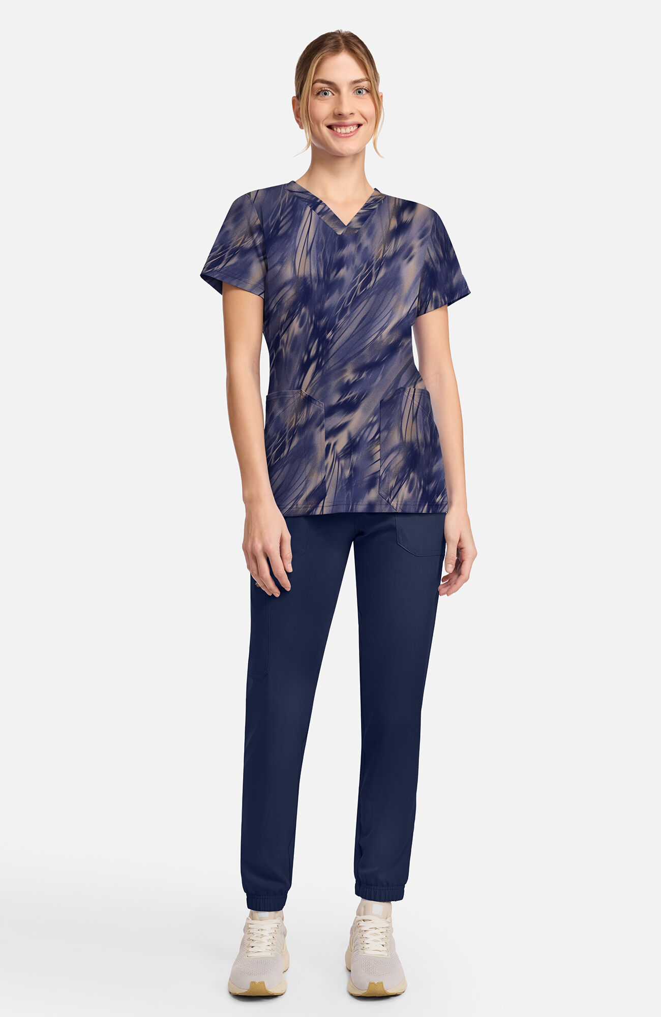 Women's Watercolor Feather Print Scrub Top, , large