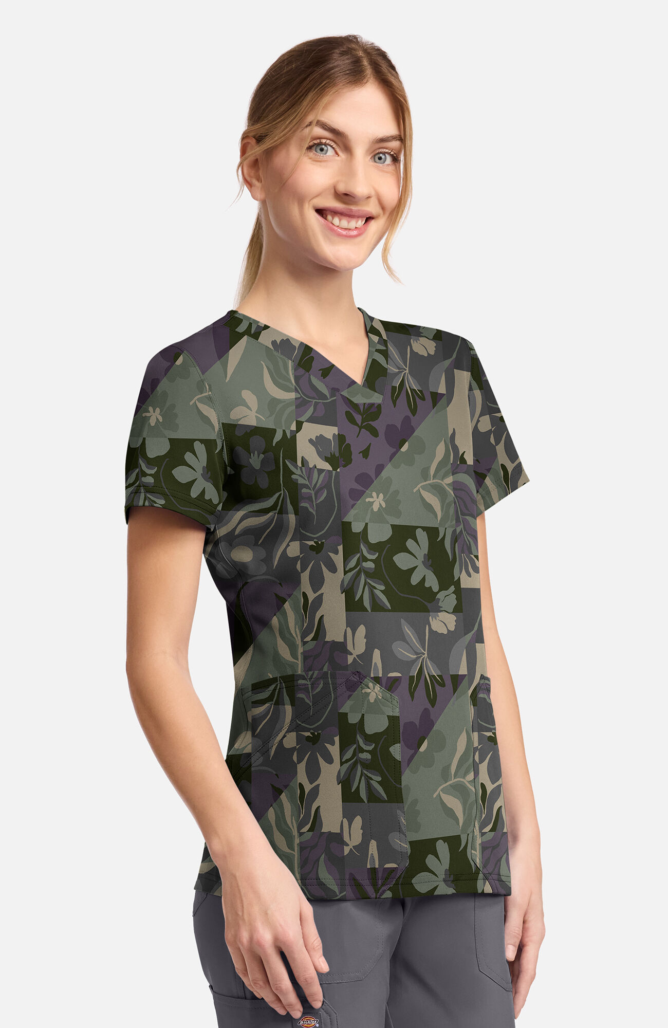 Women's Floral Geo Print Scrub Top, , large